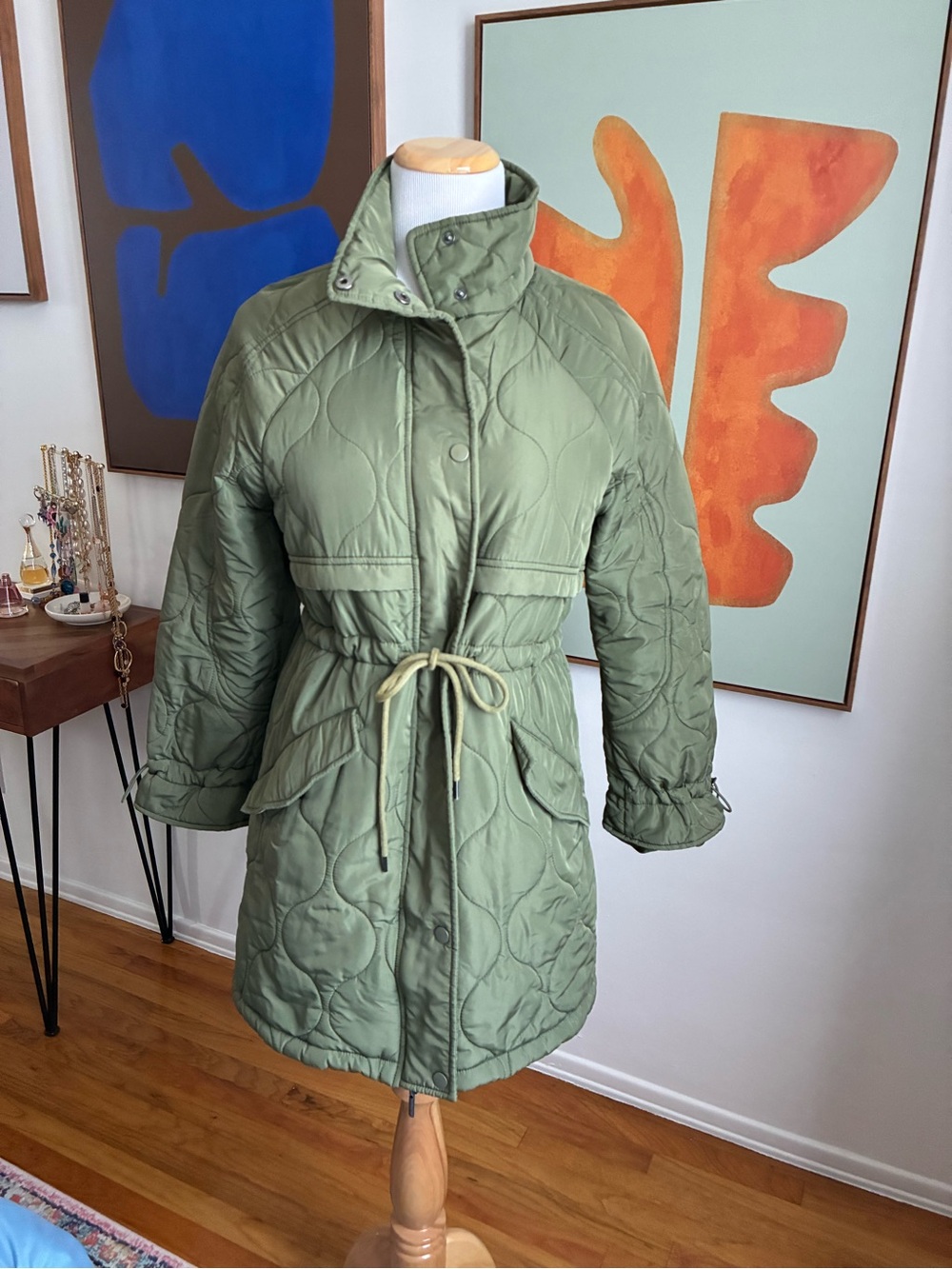 Quilted Drawstring Waist Women's Coat - Olive Green